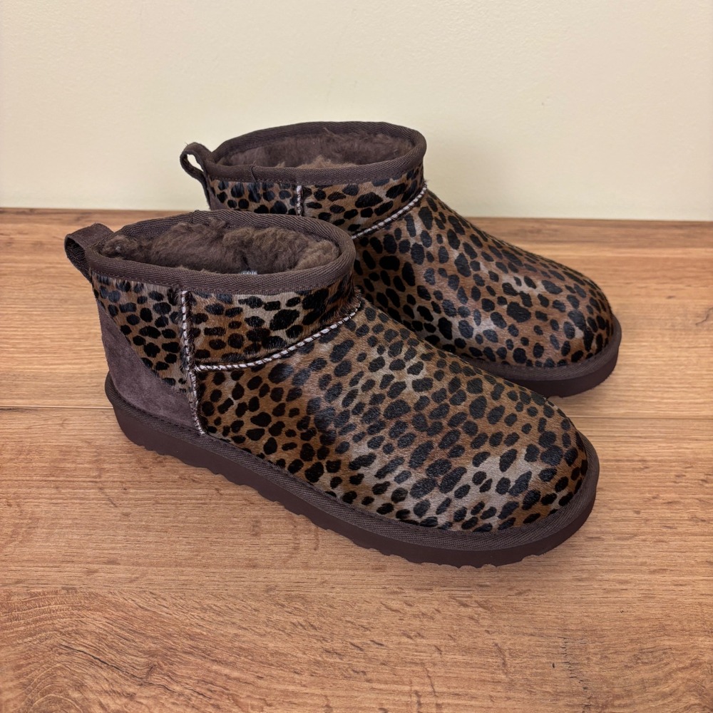 UGG Classic Ultra Mini Calf Hair Ankle Bootie Burnt Cedar Leopard Women Size 6